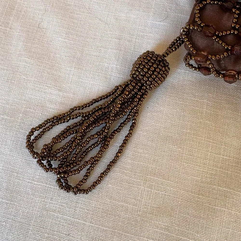 Dark Brown Satin Beaded Mini Bag Purse - Picture 3 of 5